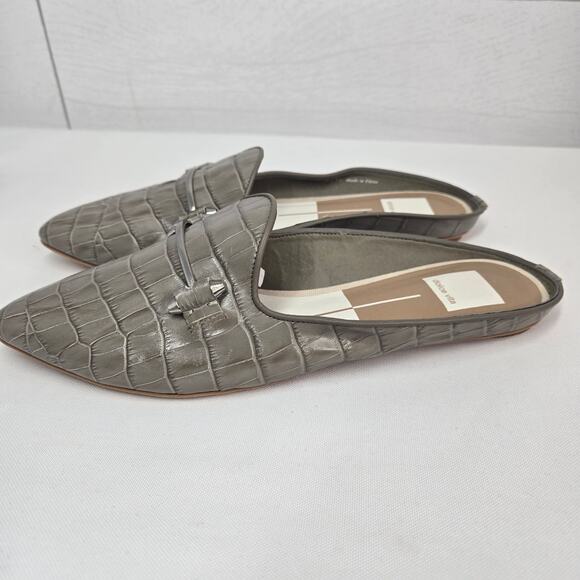 Dolce Vita Gram Mule Slides Gray Horsebit 8.5 Croc Embossed Leather Flats - Picture 7 of 10